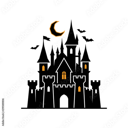 Halloween Castle Silhouette with Bats and Moon