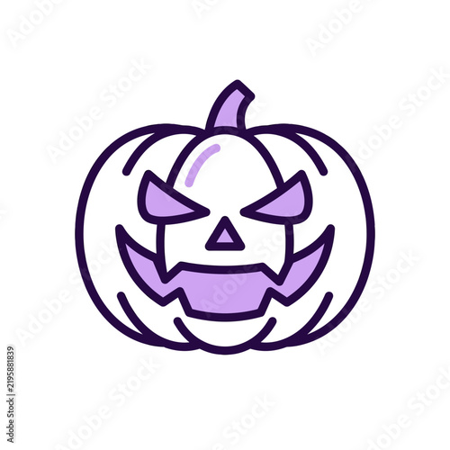 Halloween pumpkin icon, carved scary face, purple outline, simple vector art
