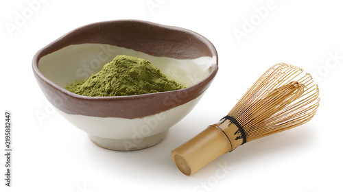 Modern Natural Beverage Concept with Green Tea Powder and Whisk Tool for Cafe and Recipe Themes  
