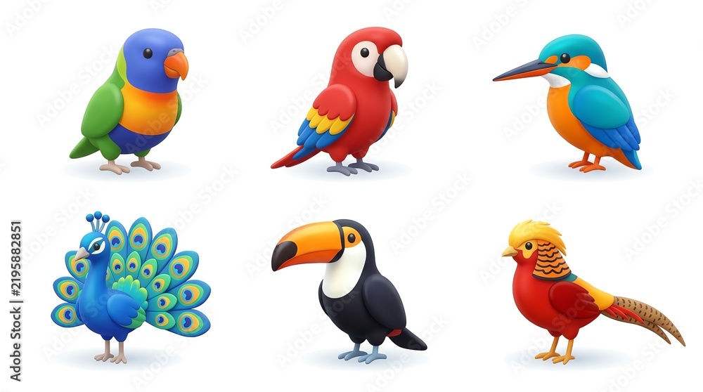Obraz premium Colorful Cartoon Bird Collection Featuring Parrot Toucan Peacock and More in Bright Vibrant Style