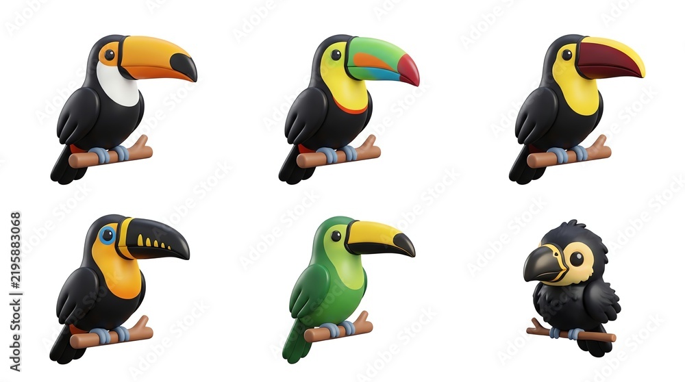 Obraz premium Set of Six Colorful Cartoon Toucan Bird Figurines in Different Styles