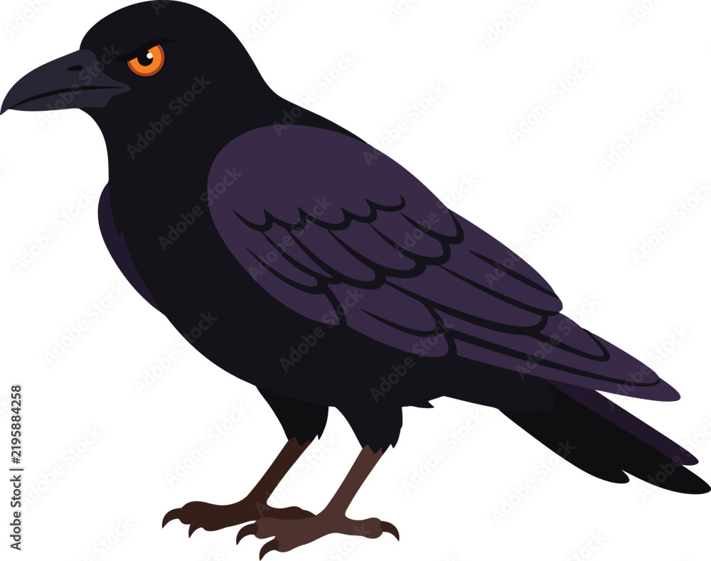 Obraz premium A stylized illustration of a black crow with piercing orange eyes.