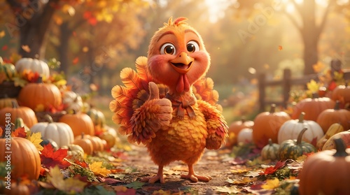 A charming animated turkey stands amidst a vibrant autumn harvest radiating thanksgiving joy and warmth