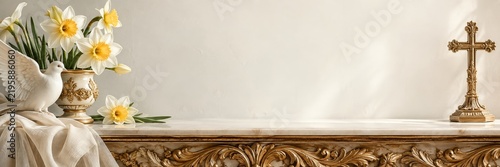 White dove with narcissus flowers and golden cross on marble altar. Elegant religious still life in soft light with copy space.