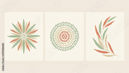 Abstract botanical wall prints with floral and leaf shapes in muted earthy tones on beige