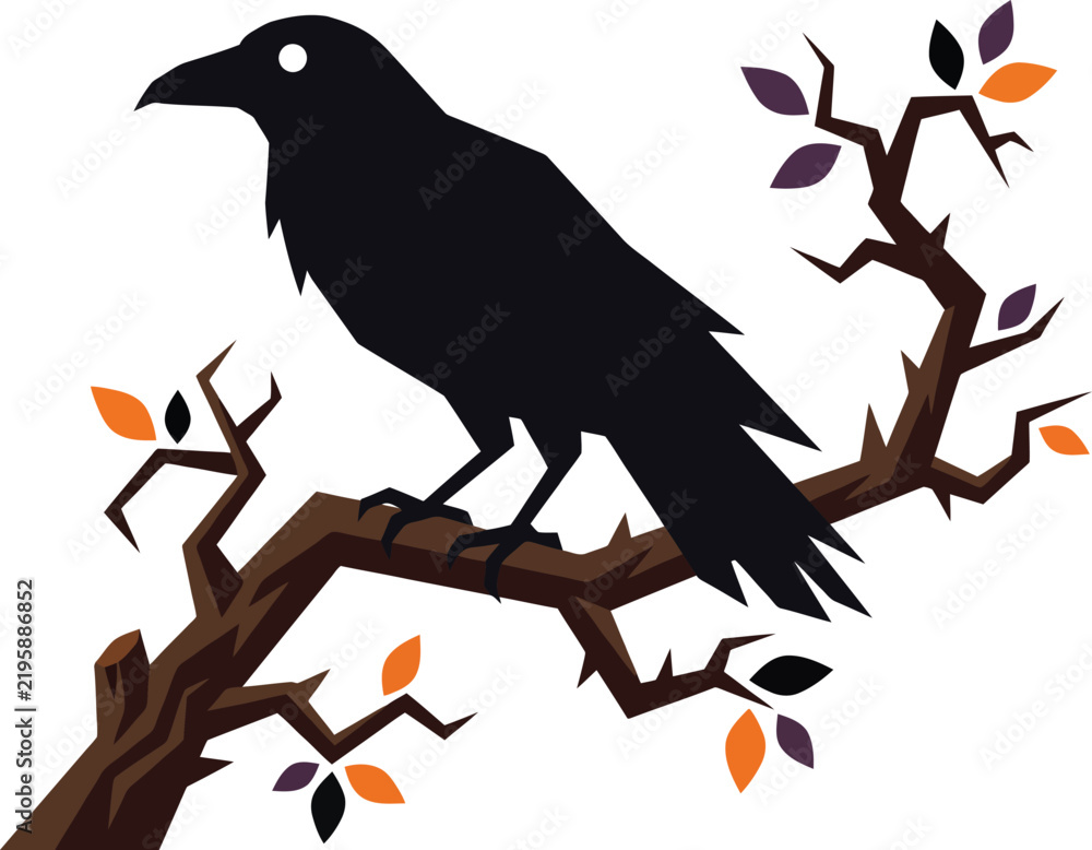 Obraz premium A dark silhouette of a crow perched on a gnarled autumn tree branch.