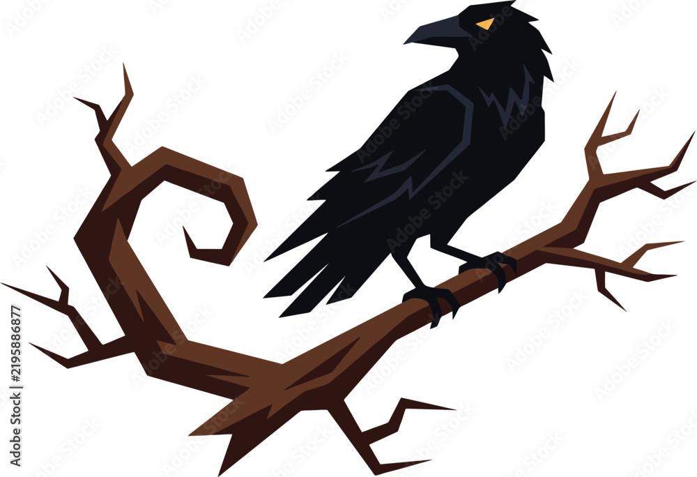 Obraz premium A dark raven perched on a twisted gnarled branch against a white background.