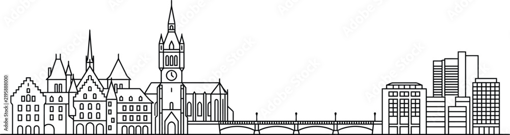 Fototapeta premium A black and white line art illustration showing a contrast between historic european architecture and modern city buildings