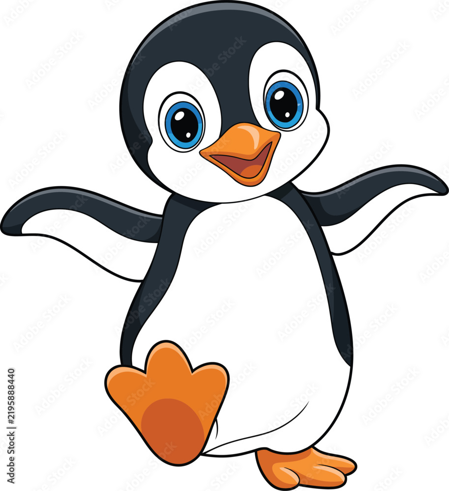 Obraz premium Cartoon penguin isolated on white background, cute winter animal character for children, wildlife illustration, educational materials, stickers and playful designs