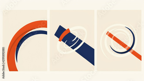 Abstract geometric wall triptych with orange and navy blue curved lines on a light beige backdrop