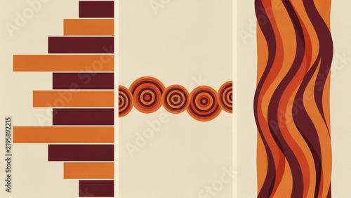 Abstract geometric wall set with orange and brown bars and circles on beige background