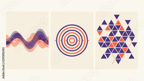 Abstract geometric wave and triangle pattern wall set in purple and orange on beige background