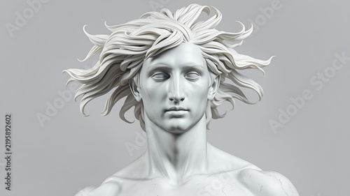 White marble sculpture of a man with flowing hair male