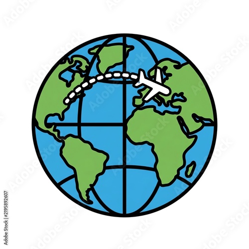 World Globe with Airplane Flying Around Earth in Flat Cartoon Style