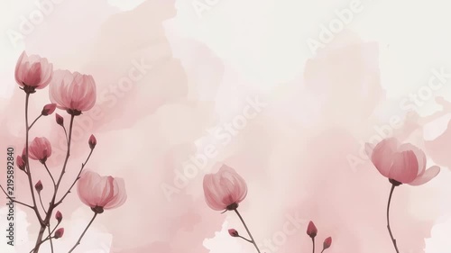 Watercolor Poppy Flower Garden with Pink Blossom, Delicate Botanical Floral Illustration