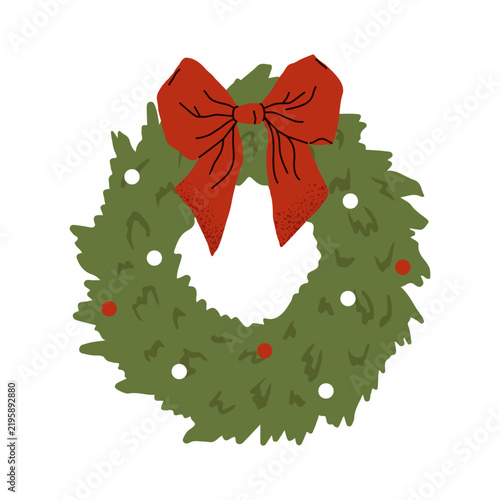 A whimsical Christmas door wreath featuring a red bow and red and white berries or ornaments. A festive winter decoration. A flat hand drawn style vector illustration on a white background.