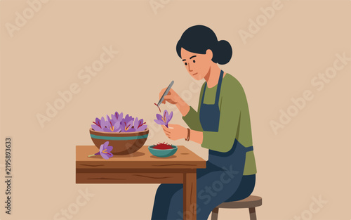 Woman harvesting saffron threads from purple crocus flowers