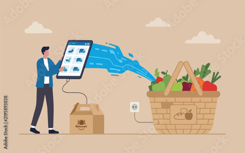 Digital food delivery app connecting to grocery basket