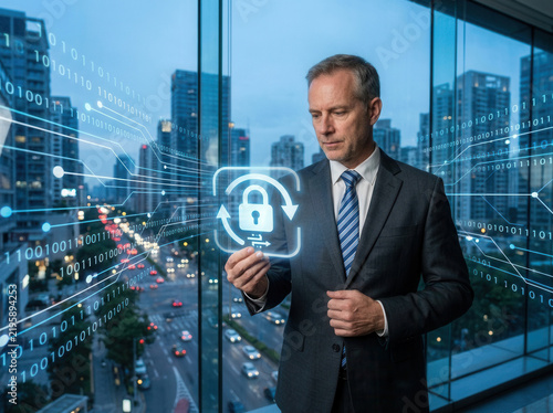 Modern Businessman Engages With Digital Security Icon In Futuristic Cityscape