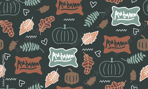 An autumn pattern featuring seasonal symbols like pumpkins and maple leaves. A collection of autumn elements for greeting cards.