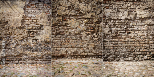 Collection of images with old cracked plaster and brick wall