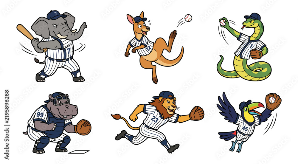 Obraz premium Baseball player cartoon set with animal mascots in uniform. sport illustration design for team