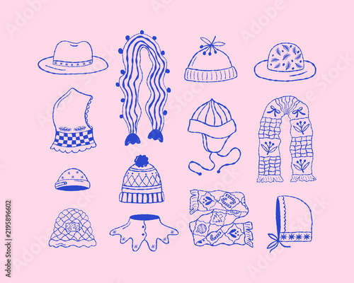 Linear vector illustration of a winter hat and scarf set. Christmas elements including balaclava, hat, and other accessories featuring maple leaf, spruce branch and berries.