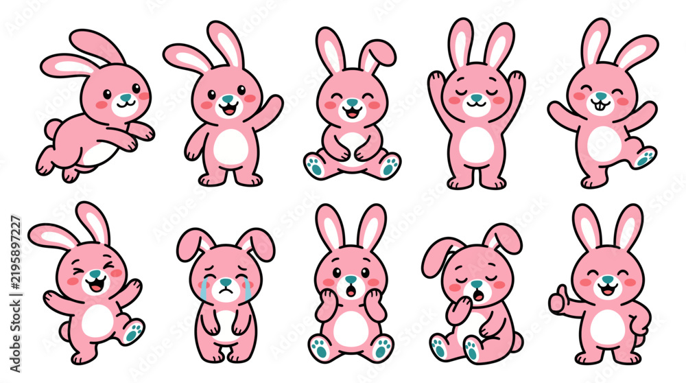 Obraz premium Set of cute pink cartoon rabbits with various emotions and actions