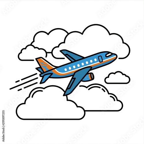 Bright Blue Orange Airplane Flying Through White Clouds
