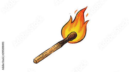 Lit wooden match with bright orange flame burning isolated on white background for design.