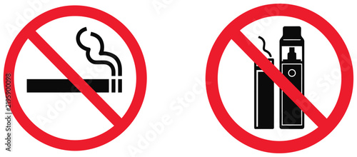No smoking signs illustrating cigarette and electronic vaping prohibition symbols for indoor areas, public facilities, workplace safety, and regulatory notices.