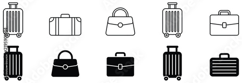 Suitcase icons featuring black and white luggage and handbag symbols for travel agencies, airport services, vacation planning, baggage, and tourism.