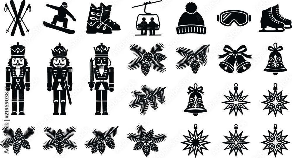 Fototapeta premium Black and White Winter Sports and Christmas Icon Set Featuring Skiing, Nutcrackers, Pine Branches, and Star Ornaments