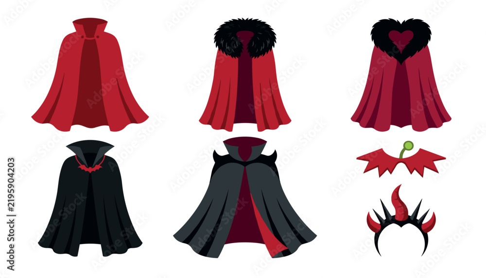 Obraz premium Vampire and devil halloween costume capes set featuring red cloaks with fur collar and horned headbands . Gothic fantasy apparel vector illustration elements