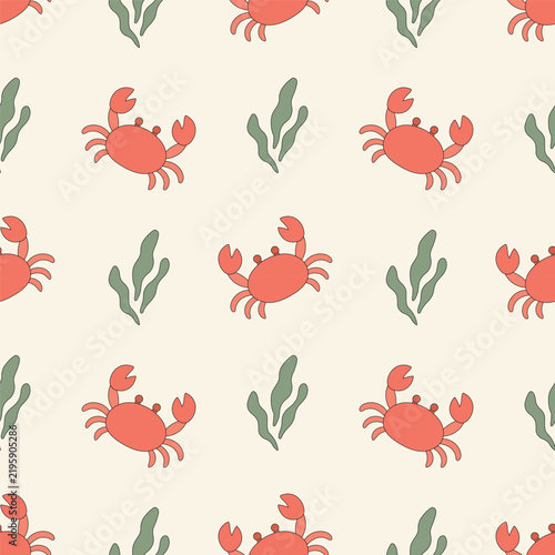 Cute Coral Crab and Seaweed Seamless Pattern with Hand Drawn Marine Life and Underwater Elements