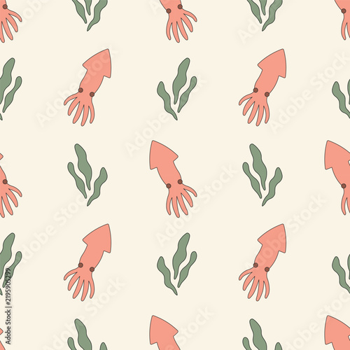 Cute Coral Squid and Seaweed Seamless Pattern with Hand Drawn Underwater Marine Life Illustration