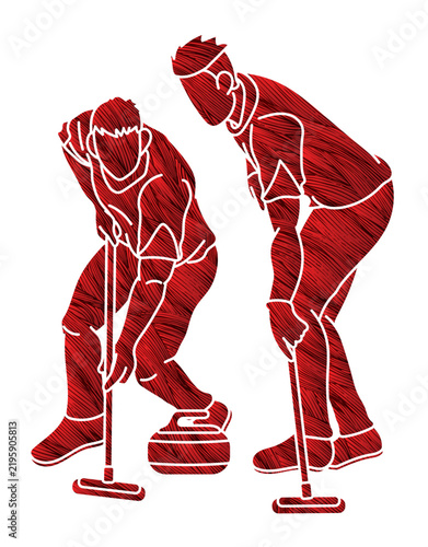 Curling Sport Team Silhouette Group of Male Players Action Cartoon Graphic Vector