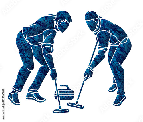 Curling Sport Team Group of Male Players Action Cartoon Graphic Vector