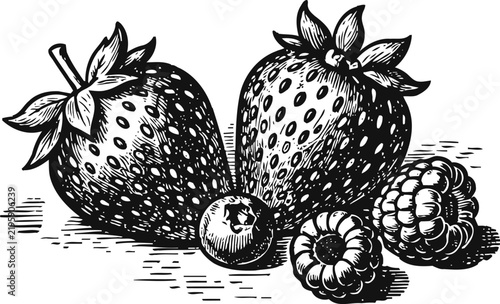 Hand drawn berries collection with strawberries, blueberries, and raspberries vintage illustration