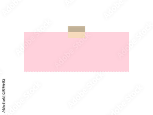 A blank pink rectangular adhesive sticky note with a small piece of beige tape isolated on white transparent background
