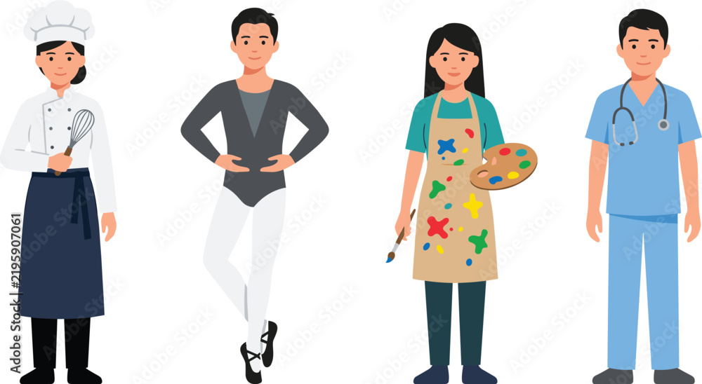 Fototapeta premium Professional Career and Occupation Vector Character Set Featuring Chef Ballet Dancer Fine Artist and Healthcare Medical Worker Graphic Designs