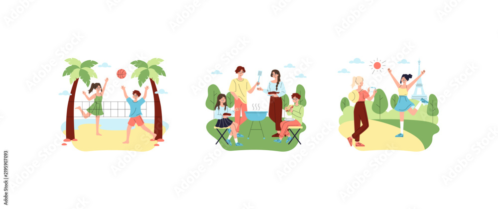 Fototapeta premium People enjoying beach volleyball barbecue and travel park