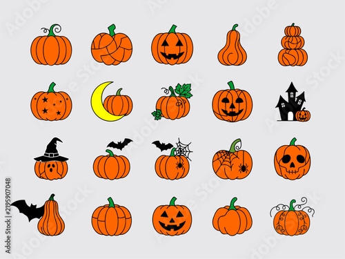 Halloween pumpkin vector icon set with cute jack o lanterns, scary faces, bats, witch hat, haunted house, skull and spider webs.