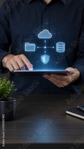 Professional businessman using digital tablet for secure cloud computing data management network strategy analysis.