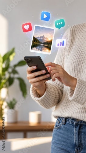Person holding smartphone displaying social media content marketing icons and digital engagement interface design concept.