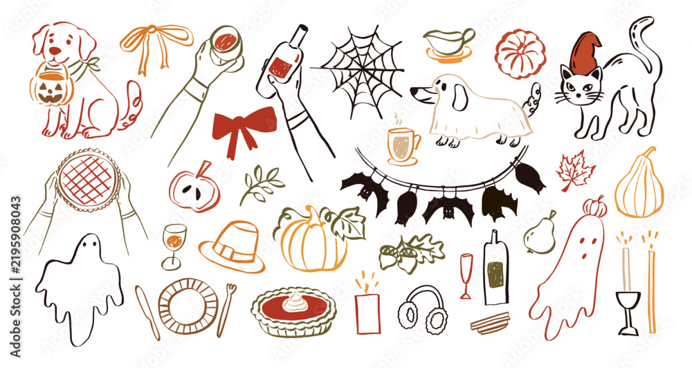 Fototapeta premium Whimsical autumn icons set isolated on white background. Fall Halloween line art sketch cute dog, ghost, cat, bow, hand with vine, bat garland. Vector whimsy sketch illustration