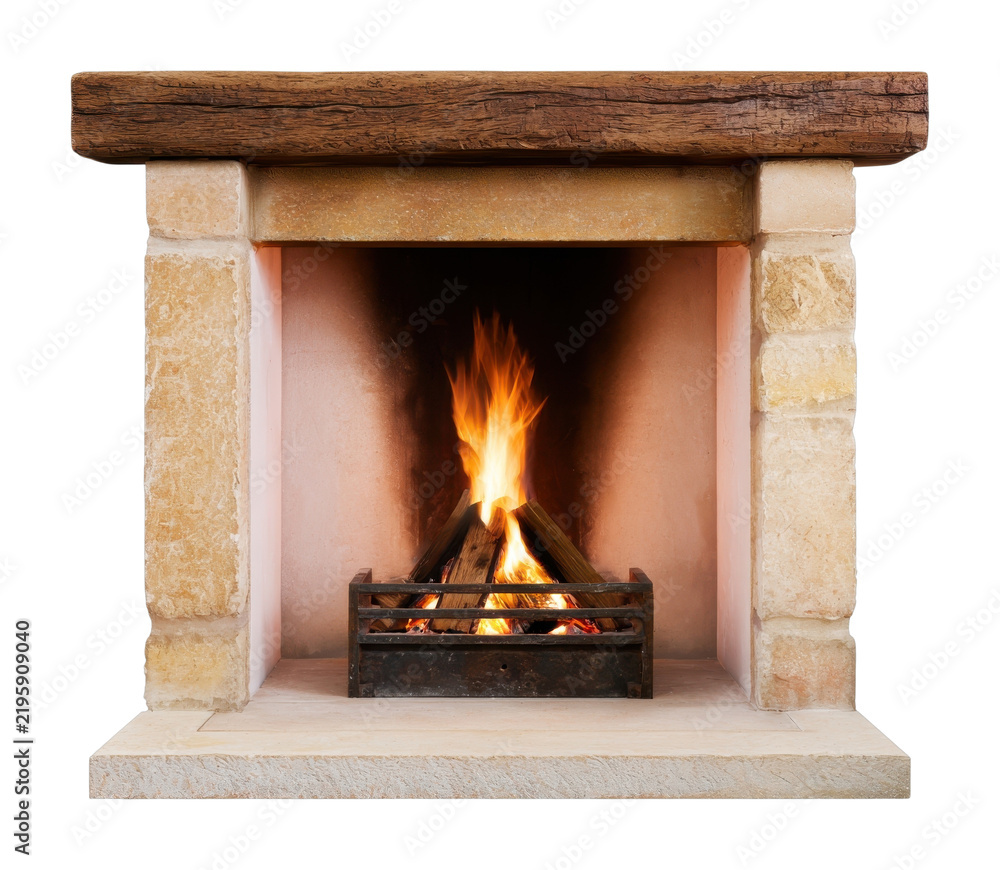Obraz premium PNG Rustic stone fireplace with glowing fire and wooden mantel