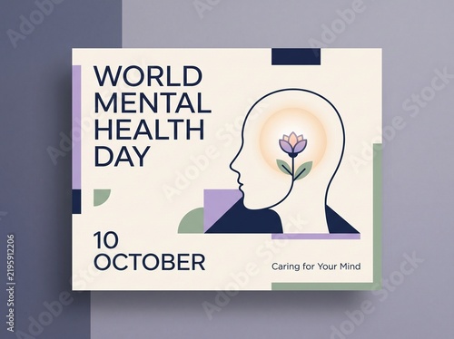 World Mental Health Day illustration, 10 October, caring for your mind, abstract human head profile with flower, supportive concept
