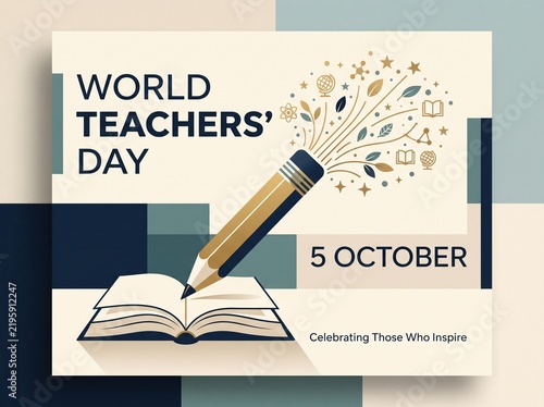 World Teachers' Day Celebration, 5 October, Inspiring Education, Pencil & Open Book Graphic