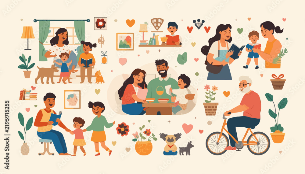 Fototapeta premium Family illustrations showcase parents and children sharing everyday moments together in a cozy home environment.